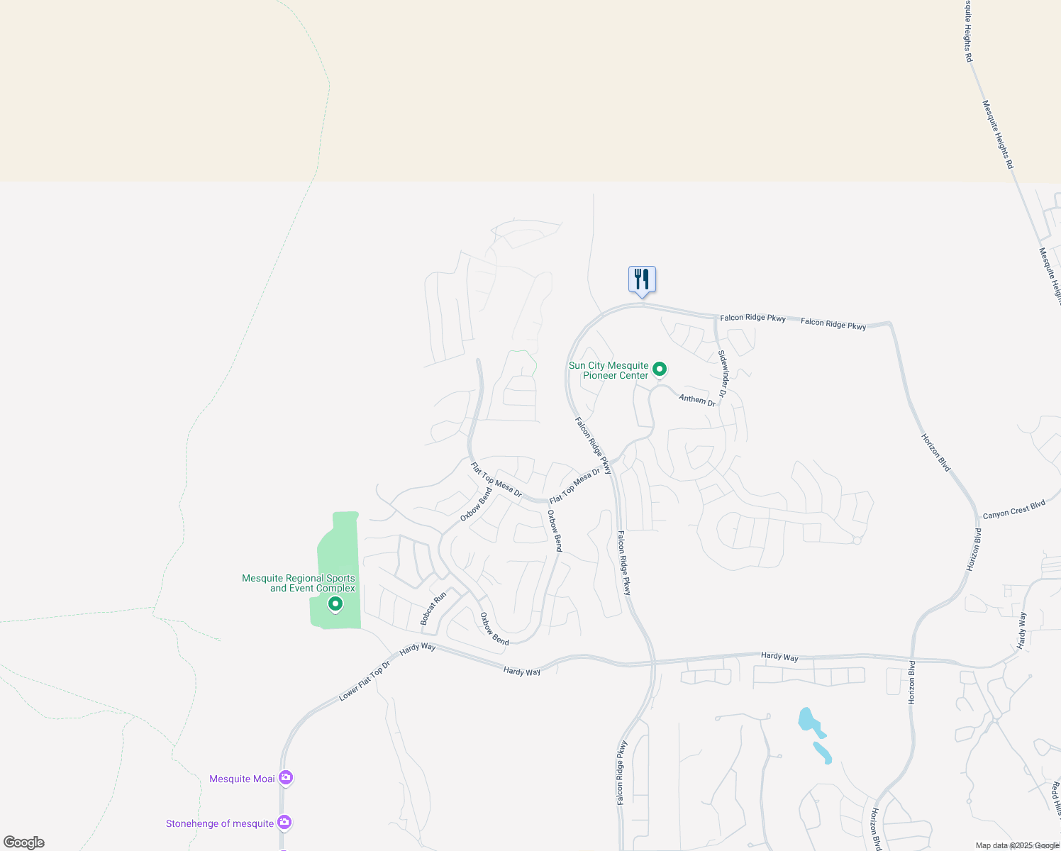 map of restaurants, bars, coffee shops, grocery stores, and more near 1371 Prominence Lane in Mesquite