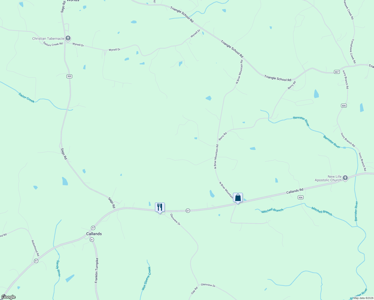 map of restaurants, bars, coffee shops, grocery stores, and more near 763 North Briar Mountain Road in Callands