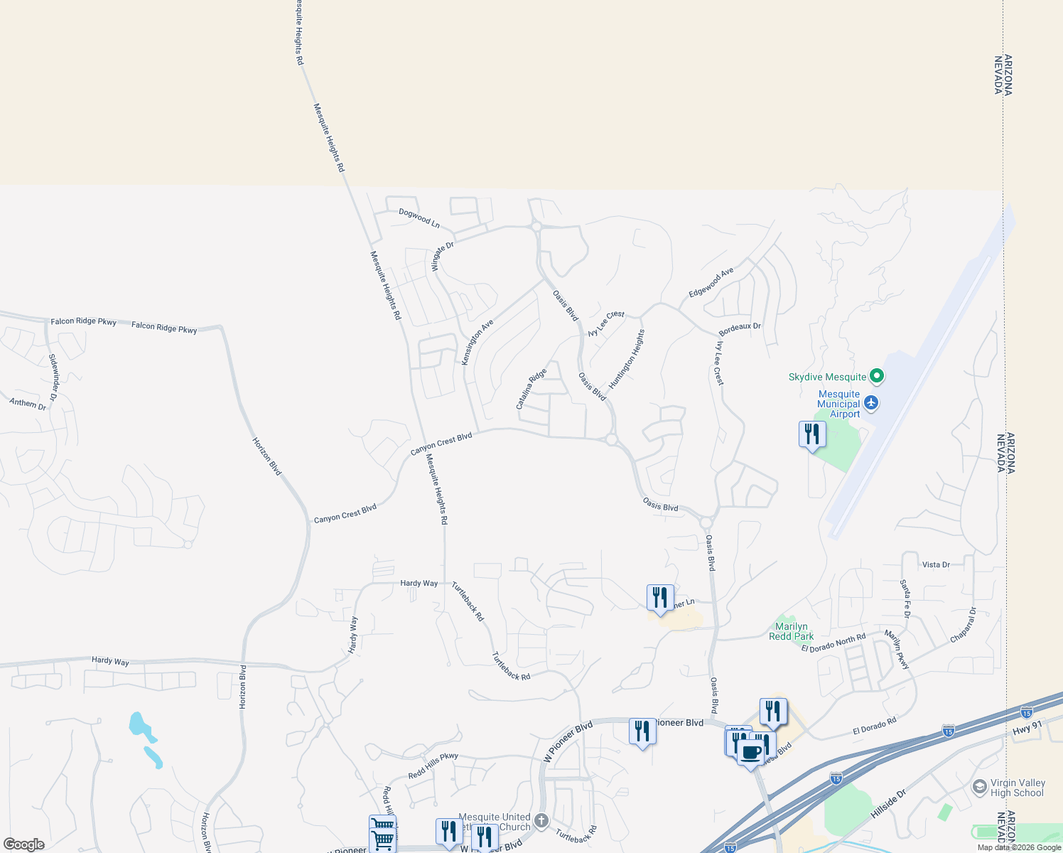 map of restaurants, bars, coffee shops, grocery stores, and more near 480 Paradise Valley Heights in Mesquite
