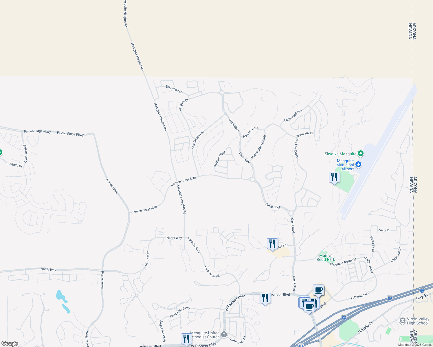 map of restaurants, bars, coffee shops, grocery stores, and more near 480 Paradise Valley Heights in Mesquite