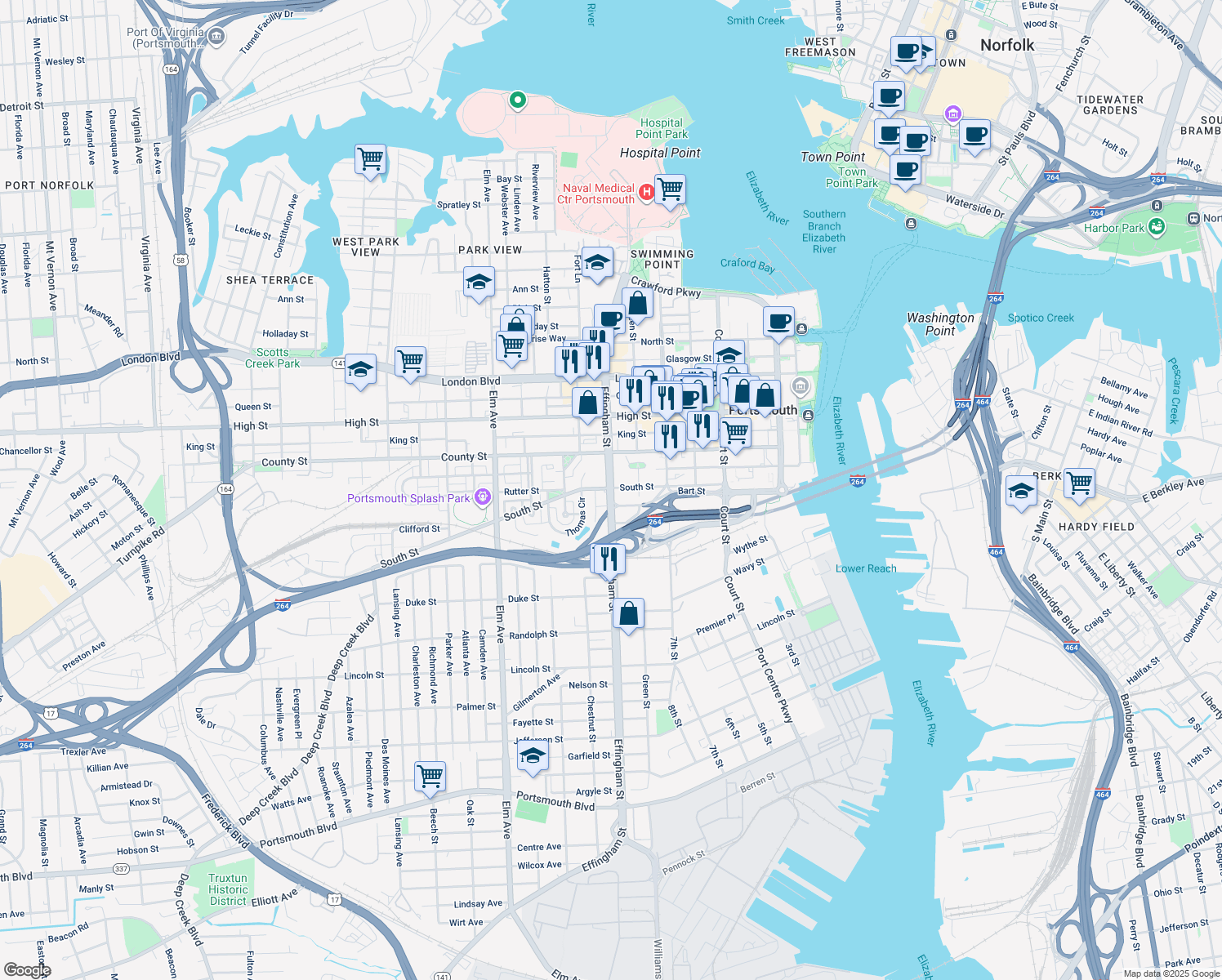 map of restaurants, bars, coffee shops, grocery stores, and more near 921 Effingham Street in Portsmouth