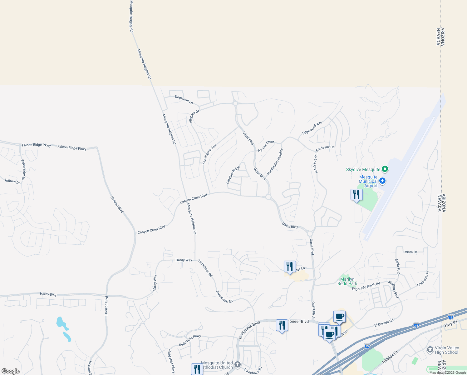 map of restaurants, bars, coffee shops, grocery stores, and more near 469 Paradise Valley Heights in Mesquite