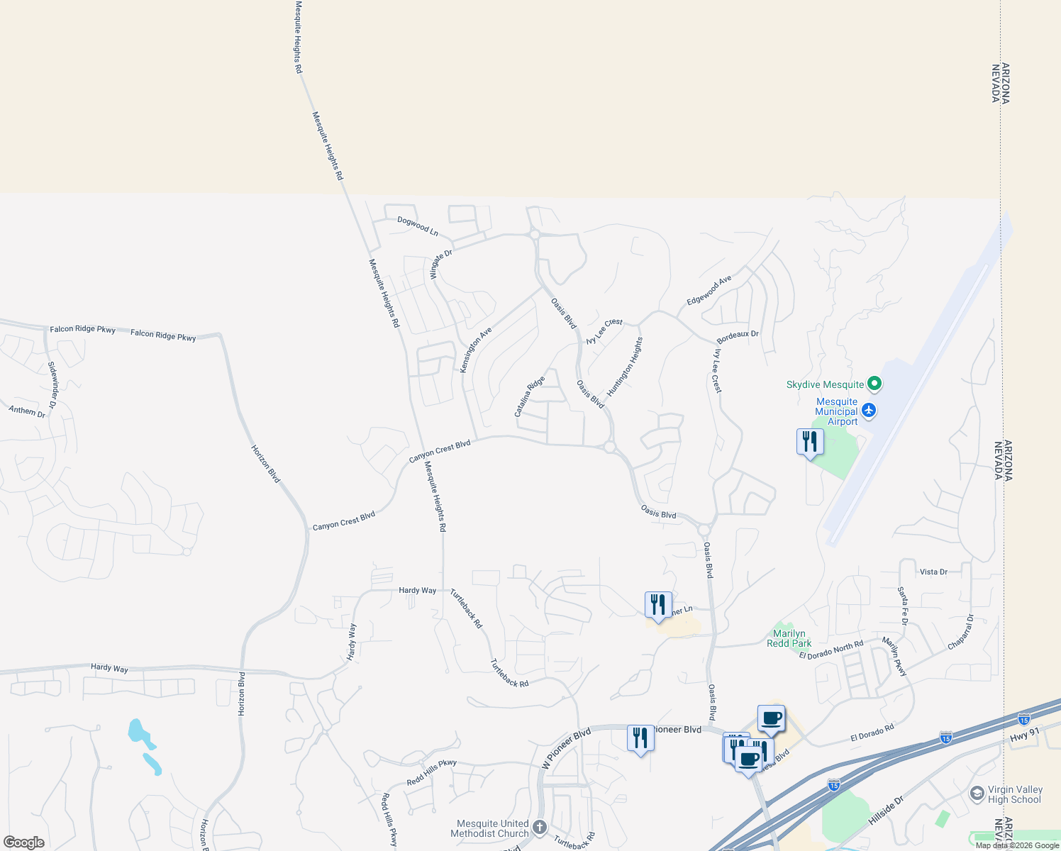 map of restaurants, bars, coffee shops, grocery stores, and more near 451 Verbena Lane in Mesquite