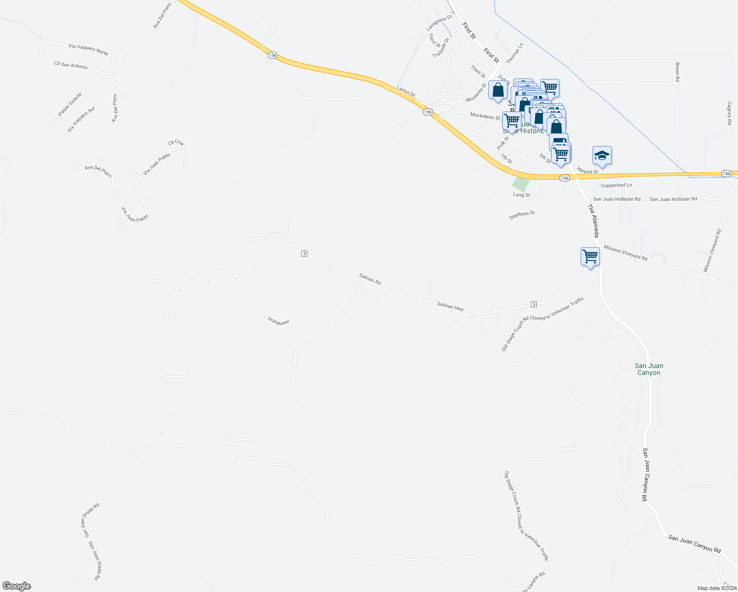 map of restaurants, bars, coffee shops, grocery stores, and more near 1860 Salinas Road in San Juan Bautista
