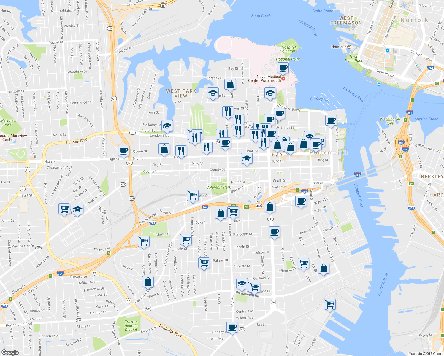 map of restaurants, bars, coffee shops, grocery stores, and more near 1217 Columbia Street in Portsmouth