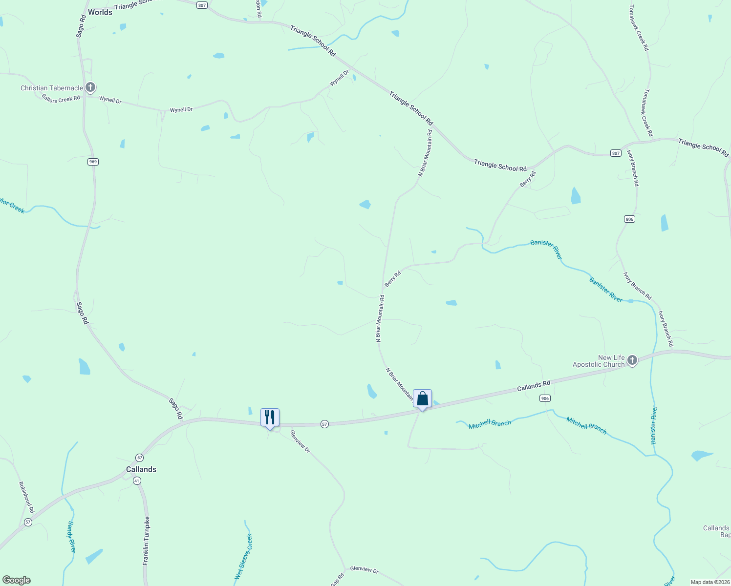 map of restaurants, bars, coffee shops, grocery stores, and more near 763 North Briar Mountain Road in Callands