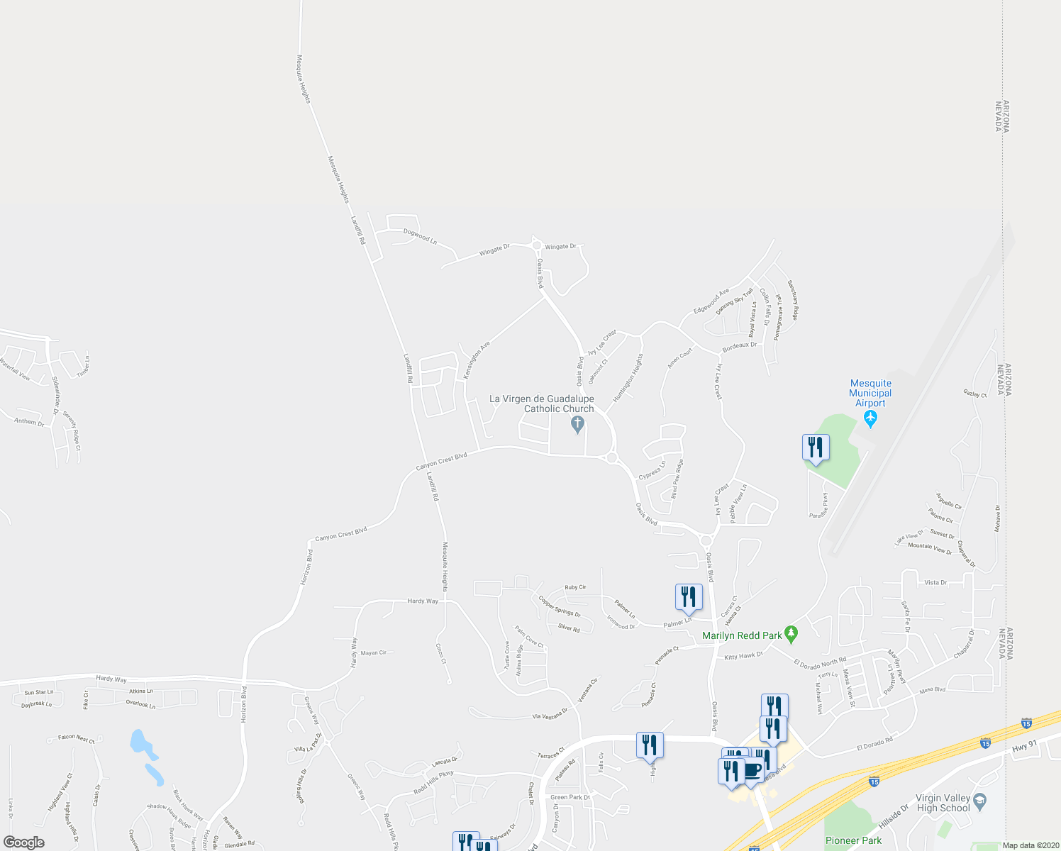 map of restaurants, bars, coffee shops, grocery stores, and more near 451 Verbena Lane in Mesquite