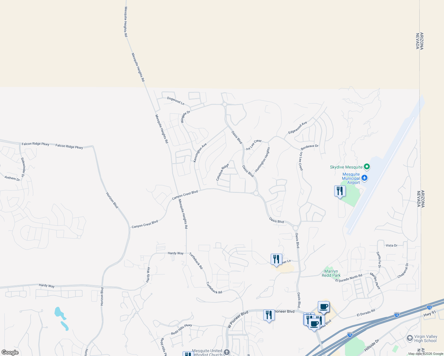 map of restaurants, bars, coffee shops, grocery stores, and more near 486 Verbena Lane in Mesquite