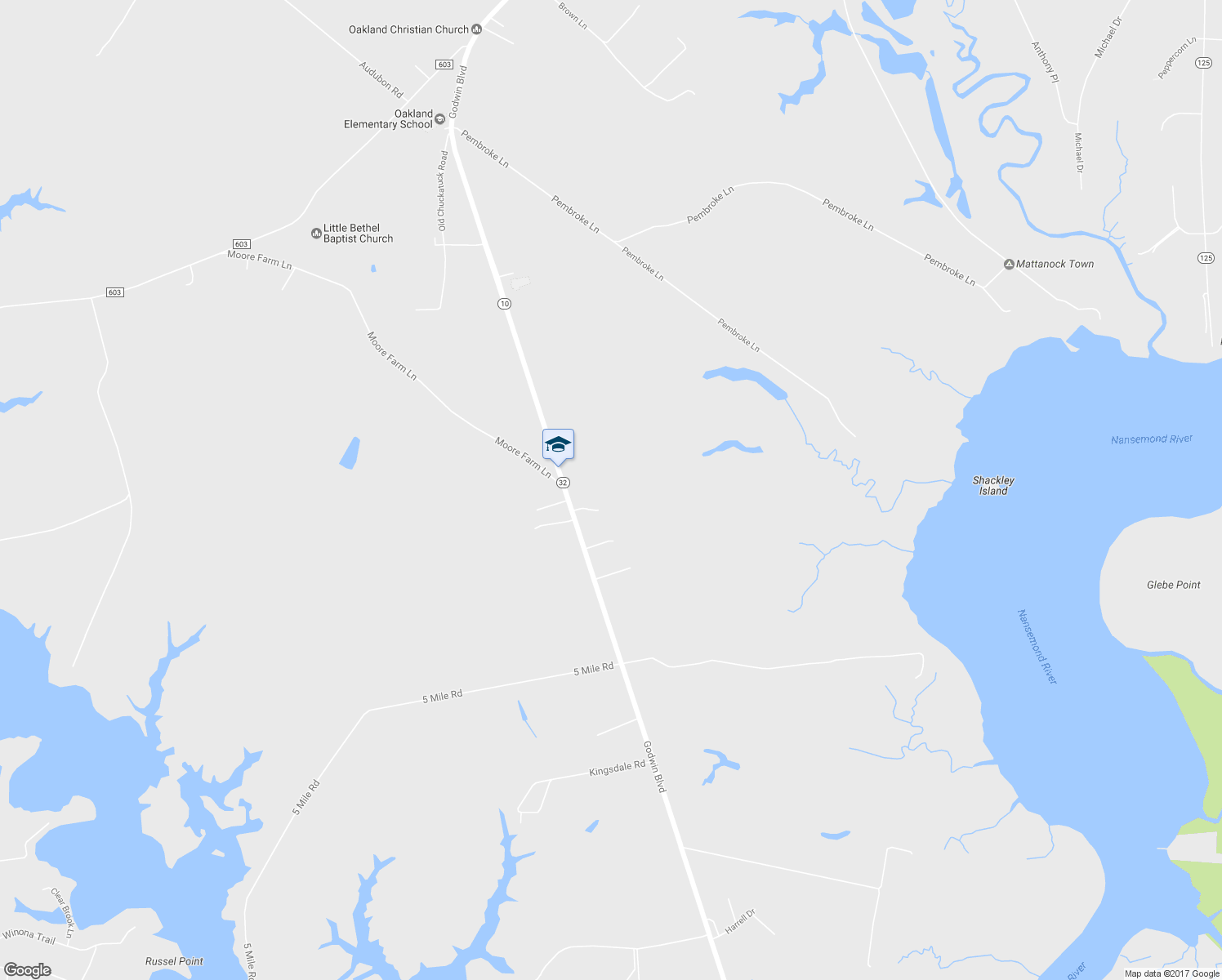 map of restaurants, bars, coffee shops, grocery stores, and more near 5000 Godwin Boulevard in Suffolk