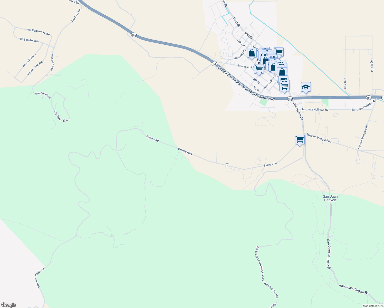 map of restaurants, bars, coffee shops, grocery stores, and more near Salinas Road in San Juan Bautista