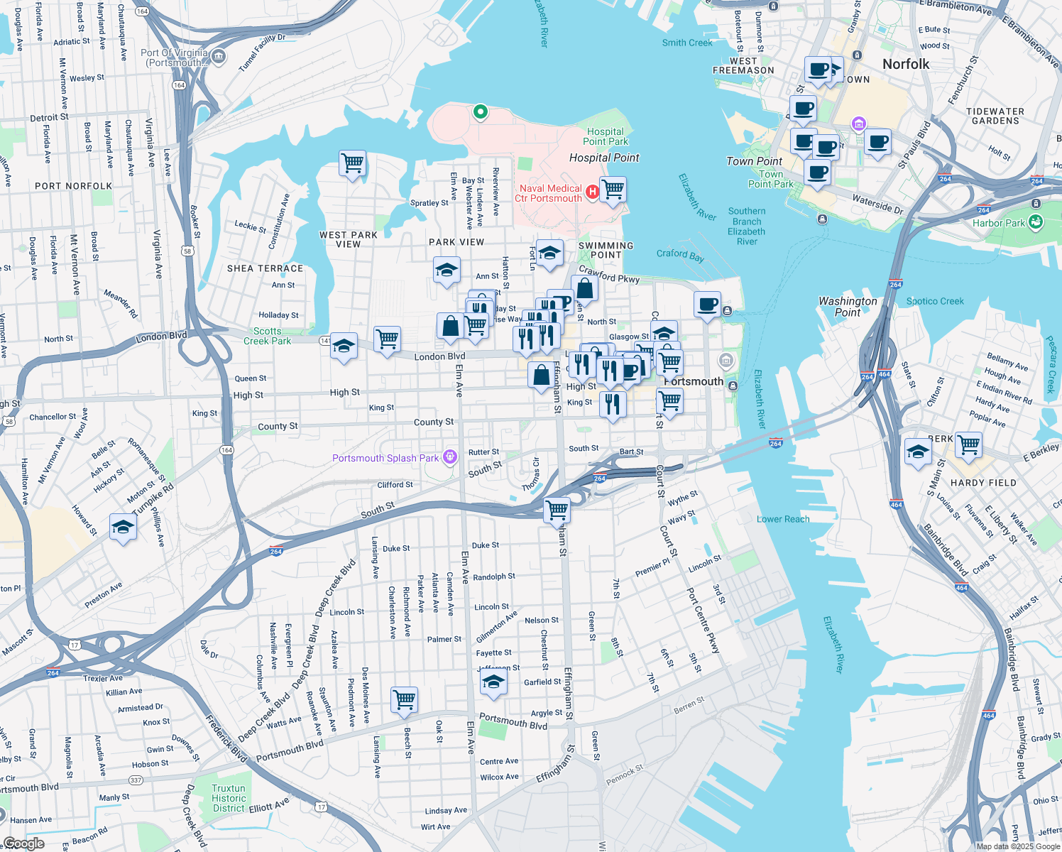 map of restaurants, bars, coffee shops, grocery stores, and more near 705 Graystone Way in Portsmouth