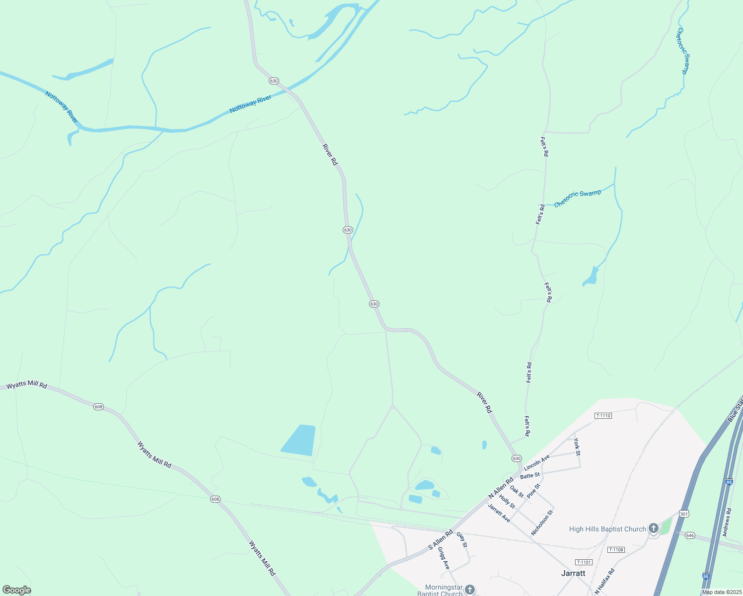 map of restaurants, bars, coffee shops, grocery stores, and more near River Road in Jarratt