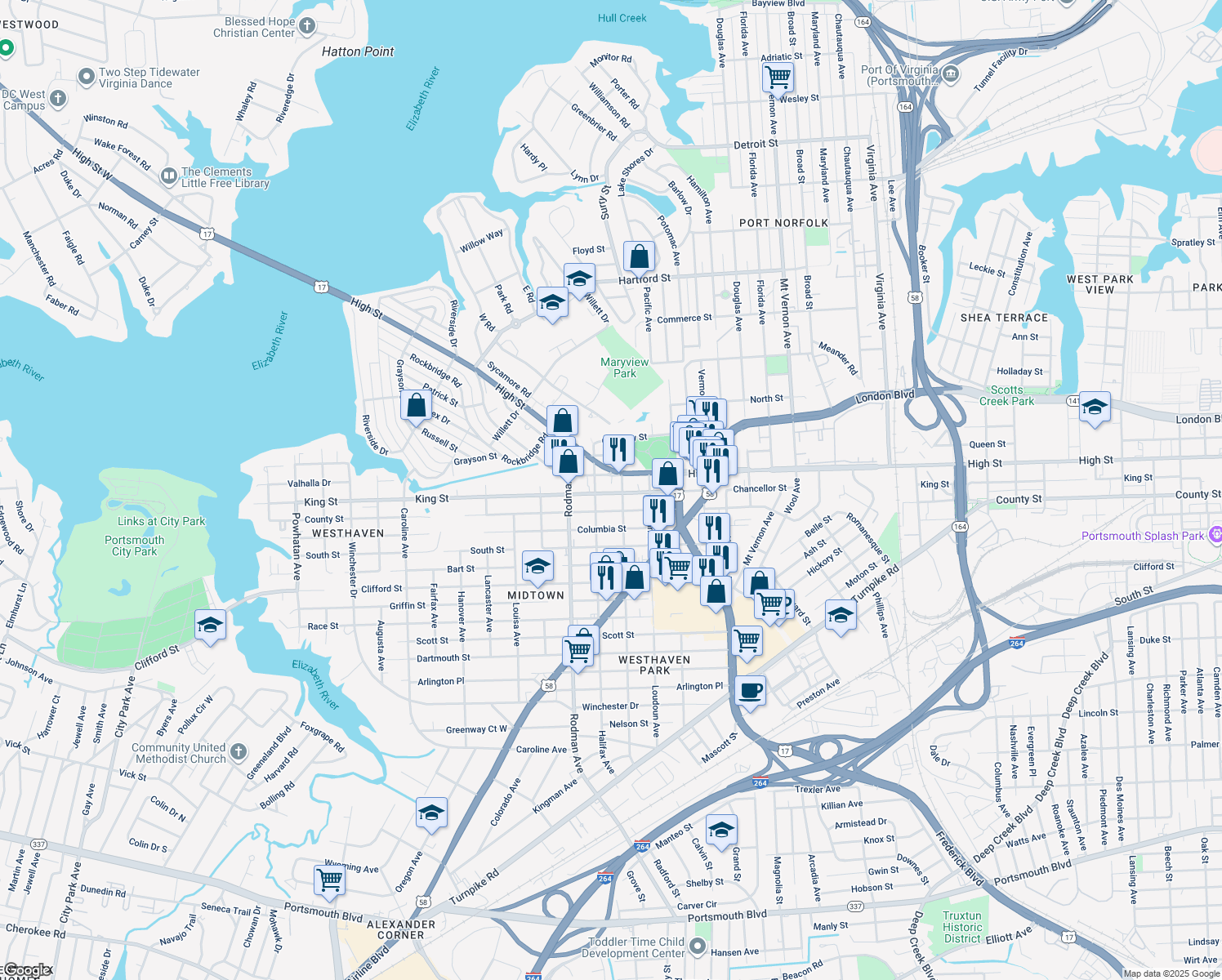 map of restaurants, bars, coffee shops, grocery stores, and more near 3504 King St in Portsmouth