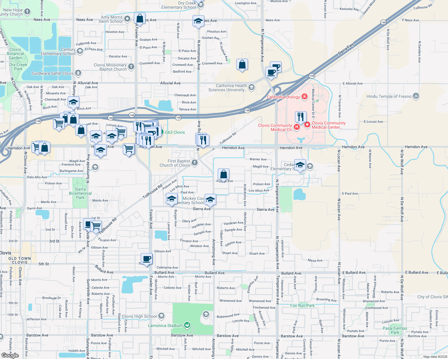 map of restaurants, bars, coffee shops, grocery stores, and more near 2267 Polson Avenue in Clovis