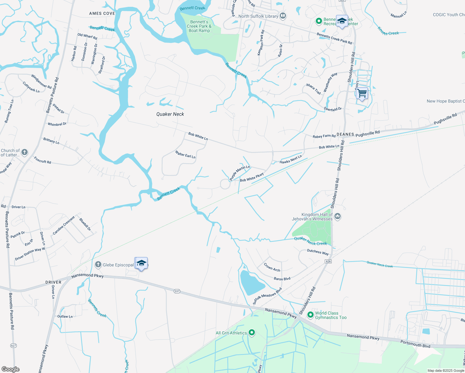 map of restaurants, bars, coffee shops, grocery stores, and more near 255 Purple Martin Lane in Suffolk