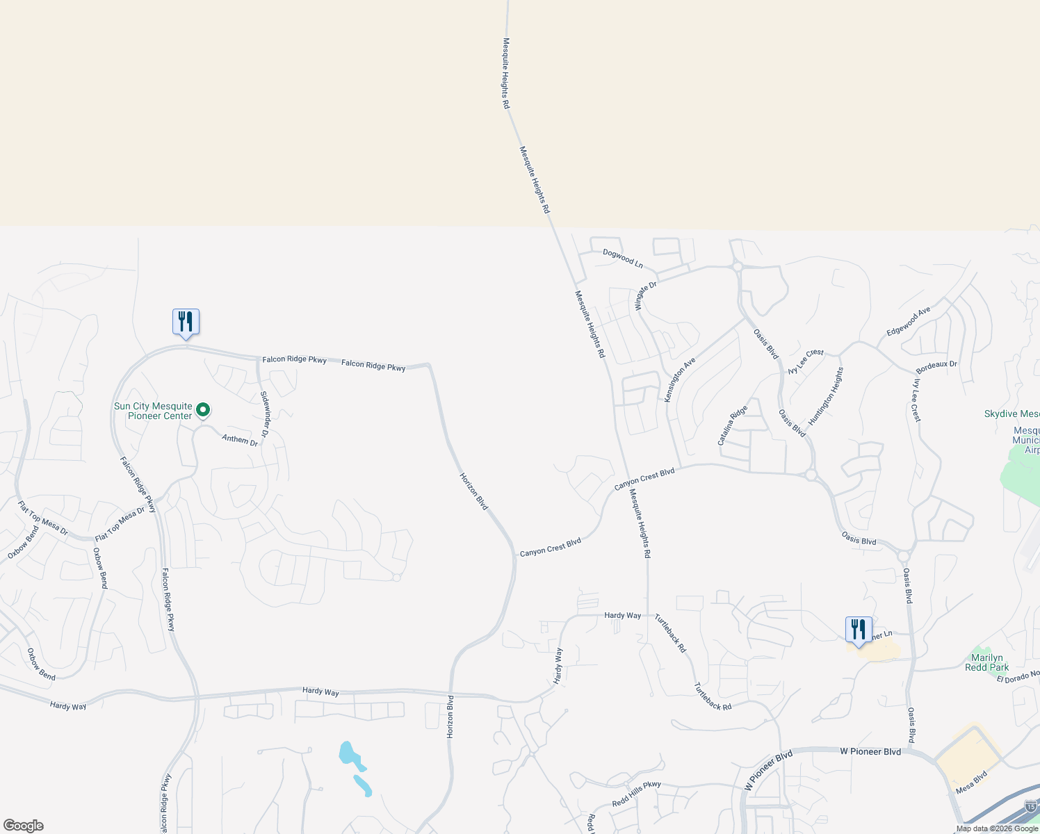 map of restaurants, bars, coffee shops, grocery stores, and more near 625 Canyon Crest Boulevard in Mesquite