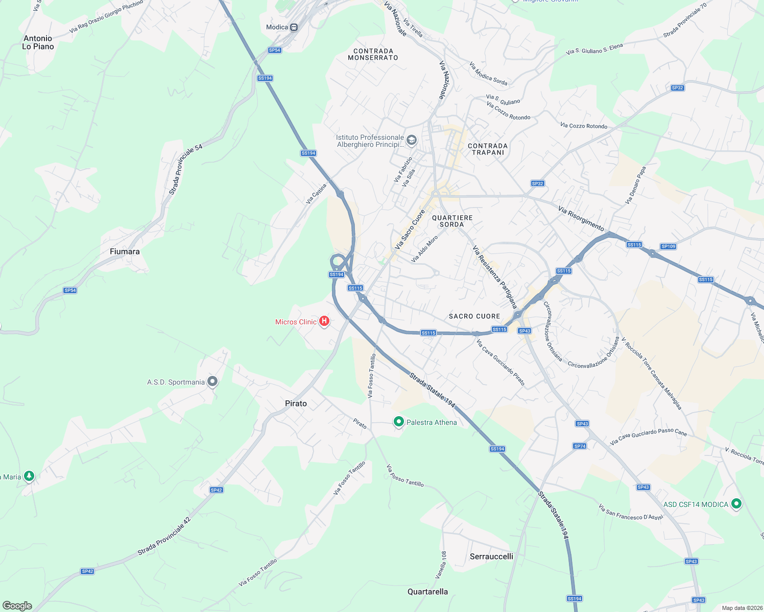 map of restaurants, bars, coffee shops, grocery stores, and more near 161 Via Fosso Tantillo in Modica