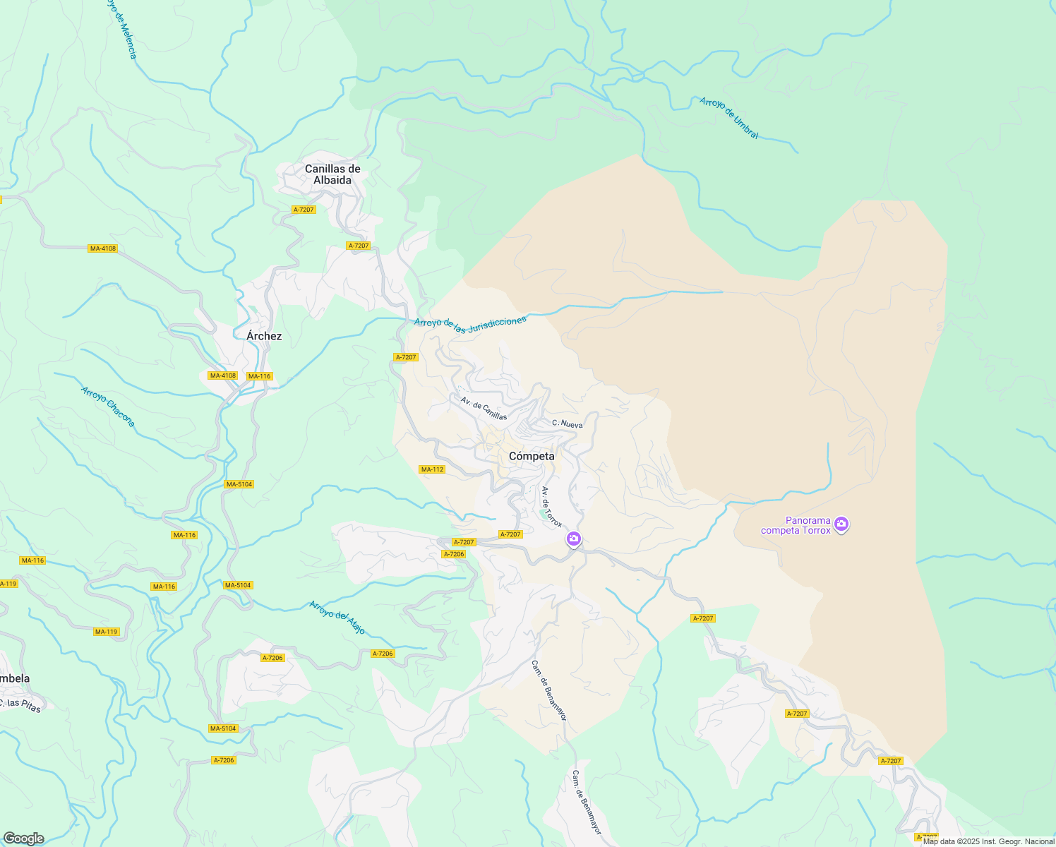 map of restaurants, bars, coffee shops, grocery stores, and more near Plaza del Carmen in Cómpeta