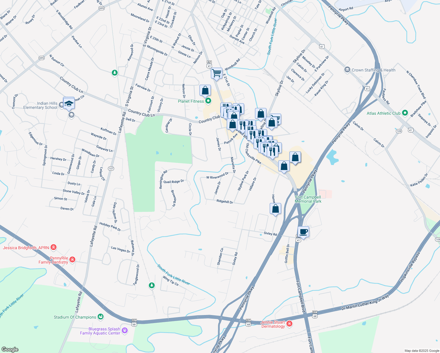 map of restaurants, bars, coffee shops, grocery stores, and more near 407 West Riverwood Drive in Hopkinsville
