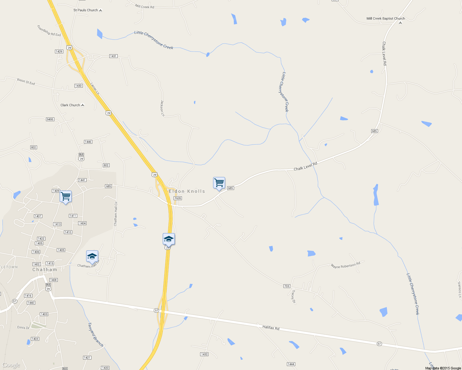 map of restaurants, bars, coffee shops, grocery stores, and more near 1433 Chalk Level Road in Chatham