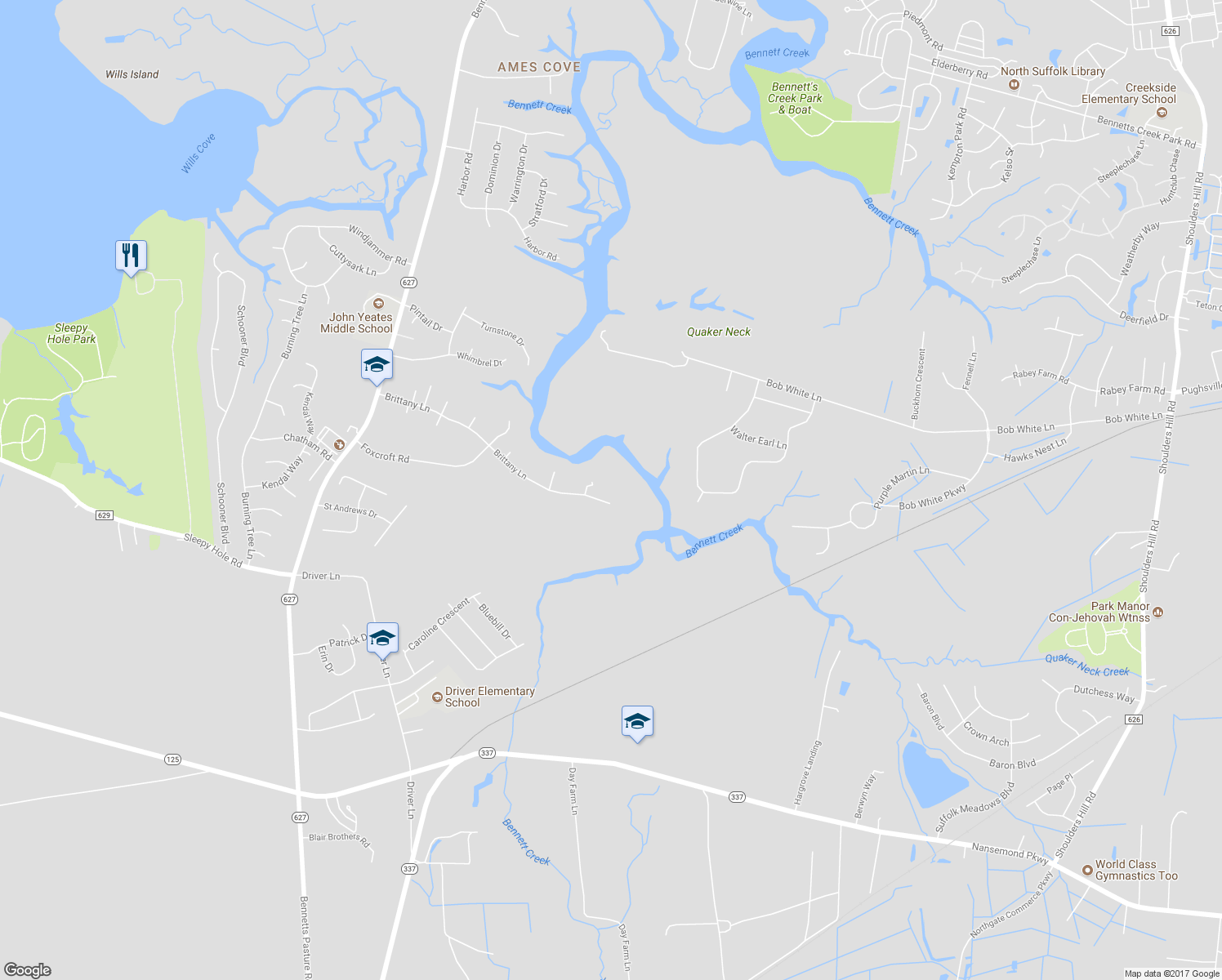map of restaurants, bars, coffee shops, grocery stores, and more near 147 Brittany Lane in Suffolk