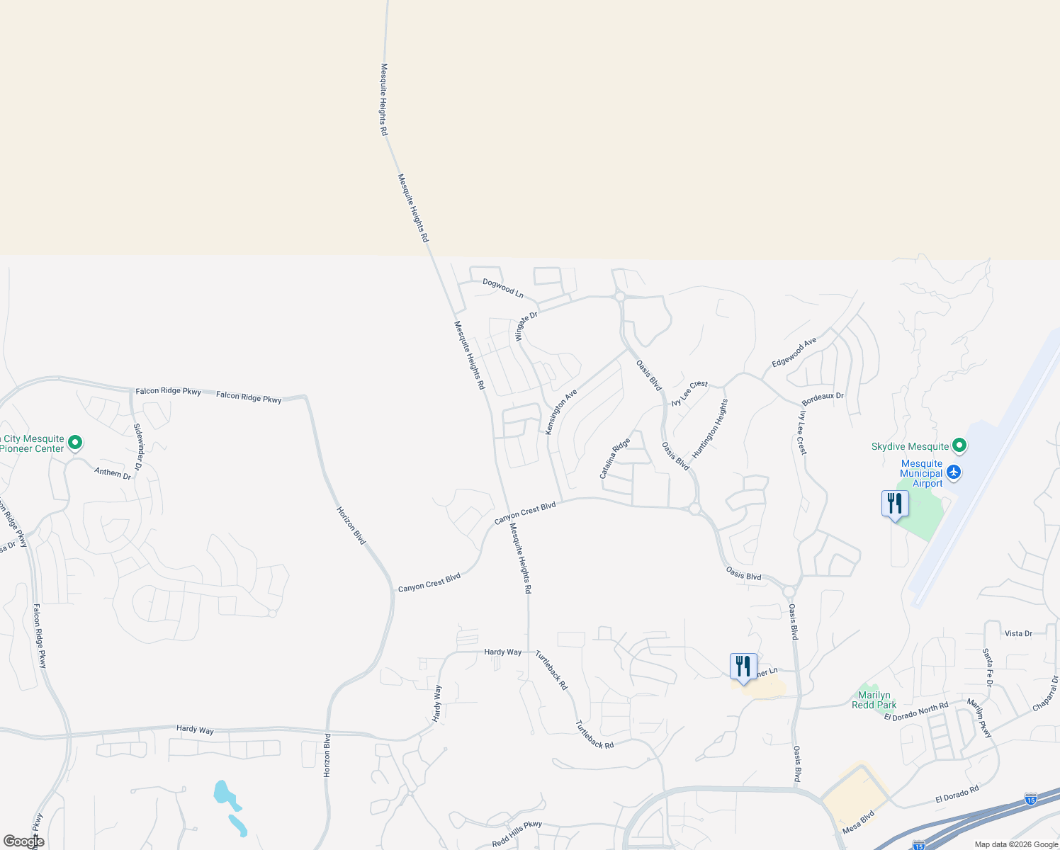 map of restaurants, bars, coffee shops, grocery stores, and more near 600 Mendicino Lane in Mesquite