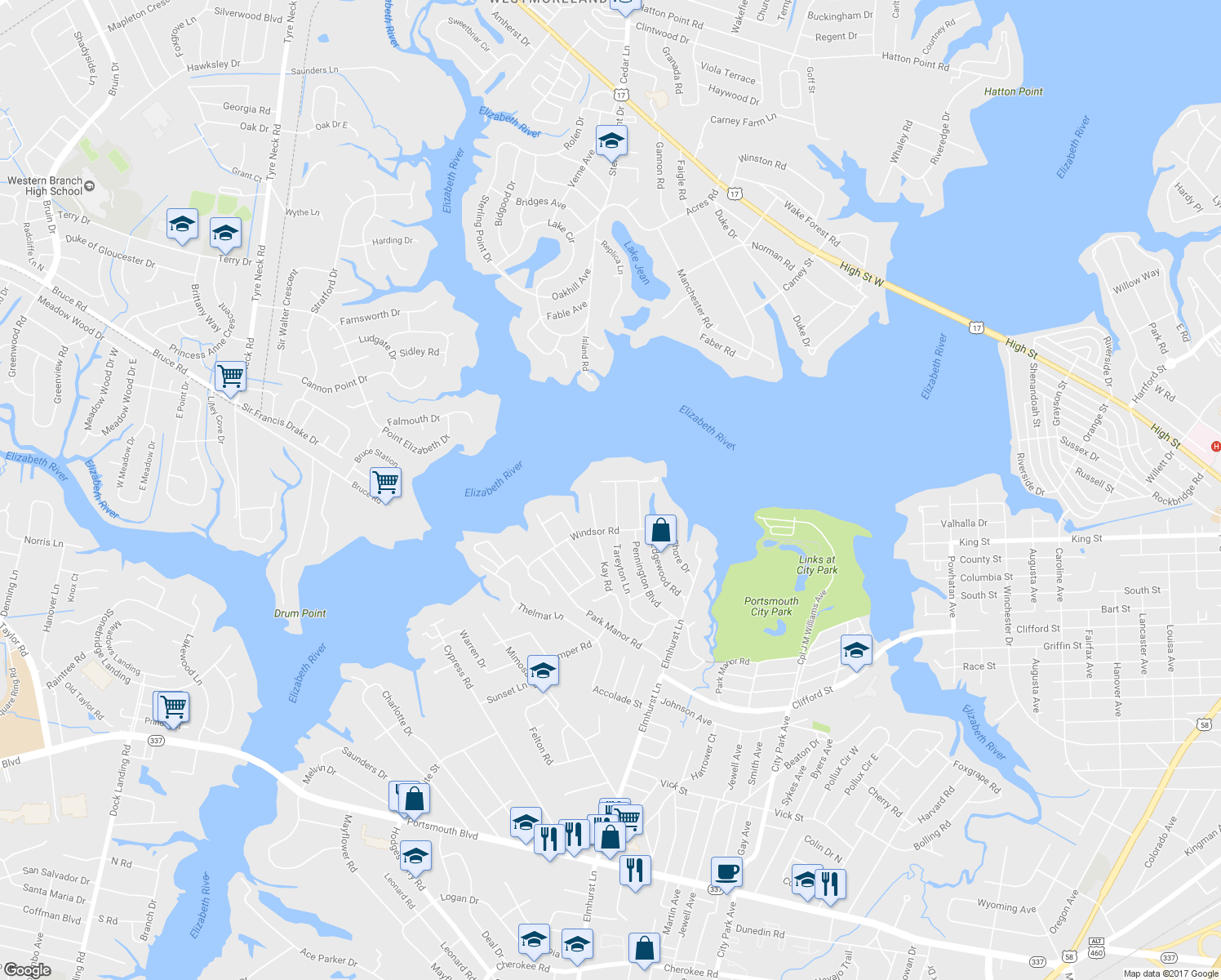 map of restaurants, bars, coffee shops, grocery stores, and more near 417 Tareyton Lane in Portsmouth