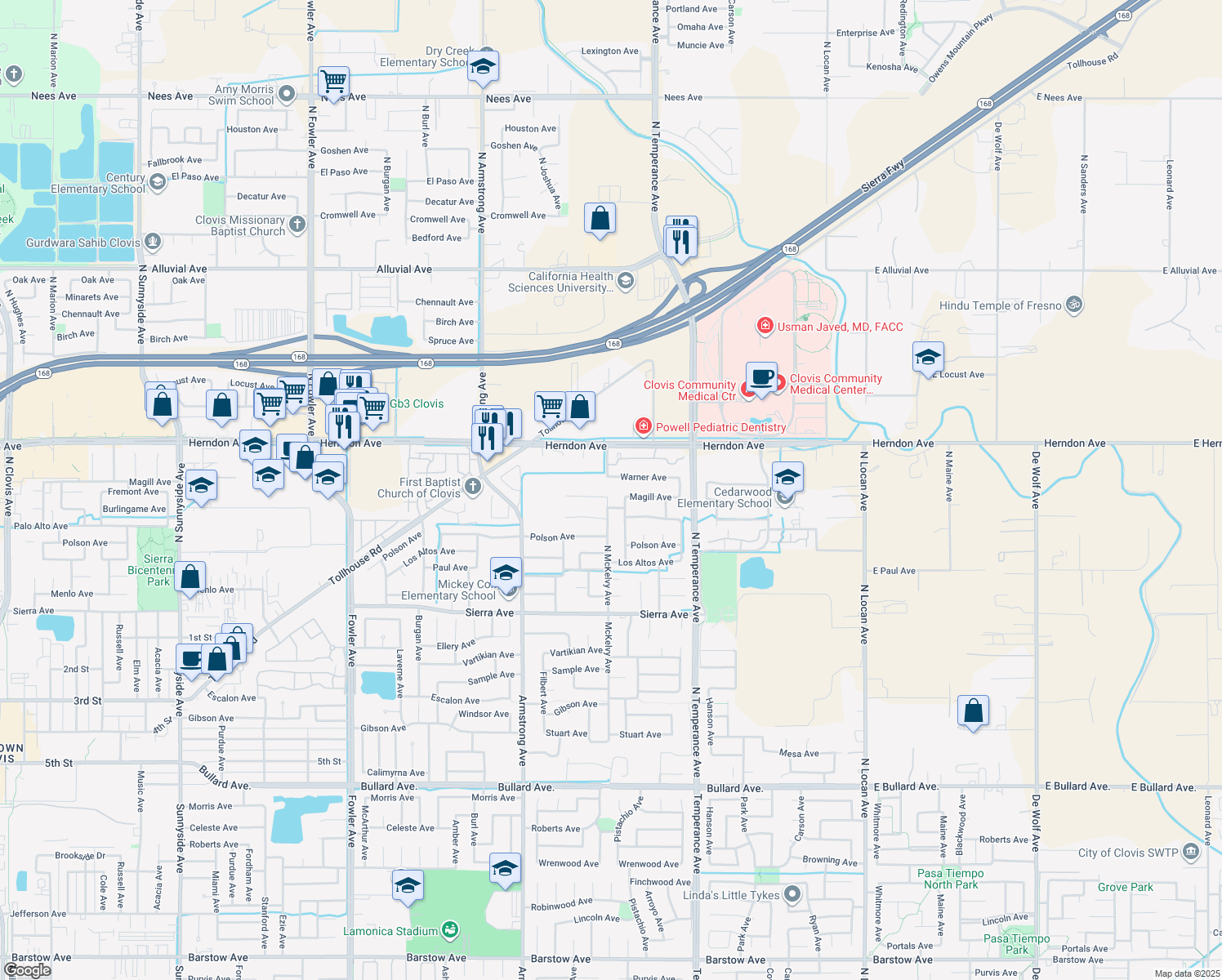 map of restaurants, bars, coffee shops, grocery stores, and more near 285 North McKelvy Avenue in Clovis