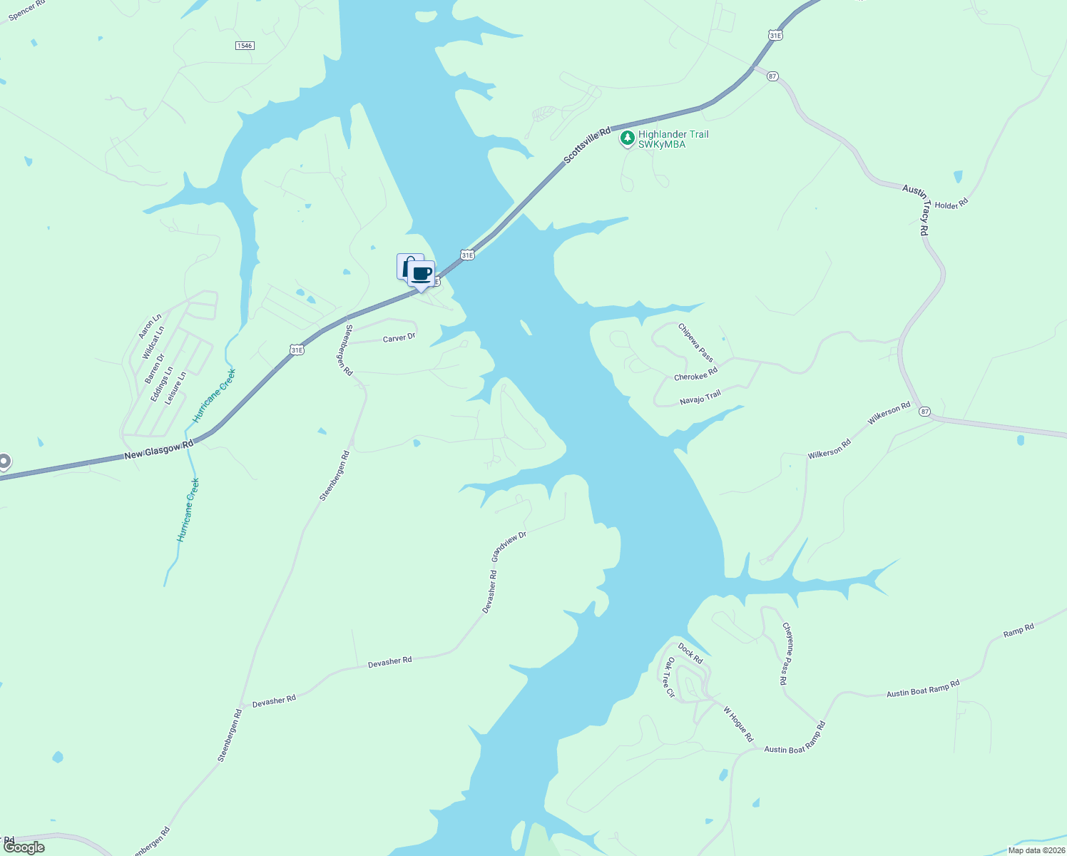 map of restaurants, bars, coffee shops, grocery stores, and more near 534 Riverview Circle in Scottsville
