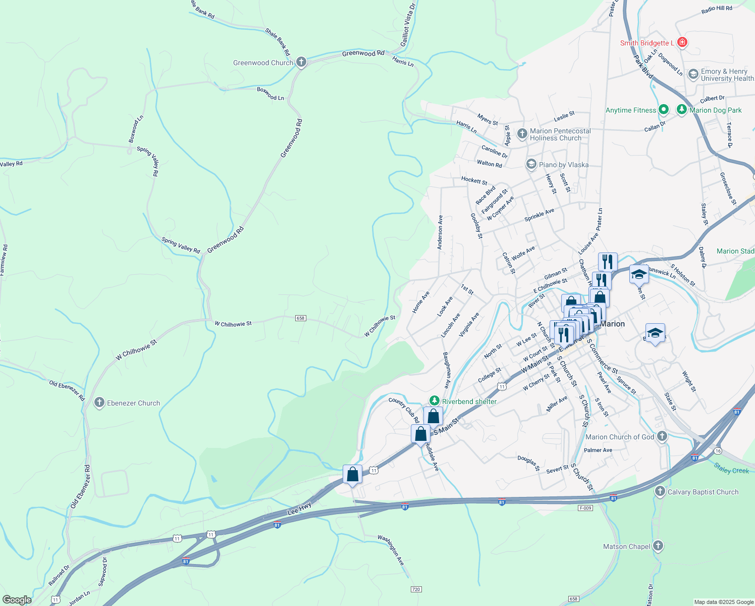 map of restaurants, bars, coffee shops, grocery stores, and more near 156 Rector Road in Marion