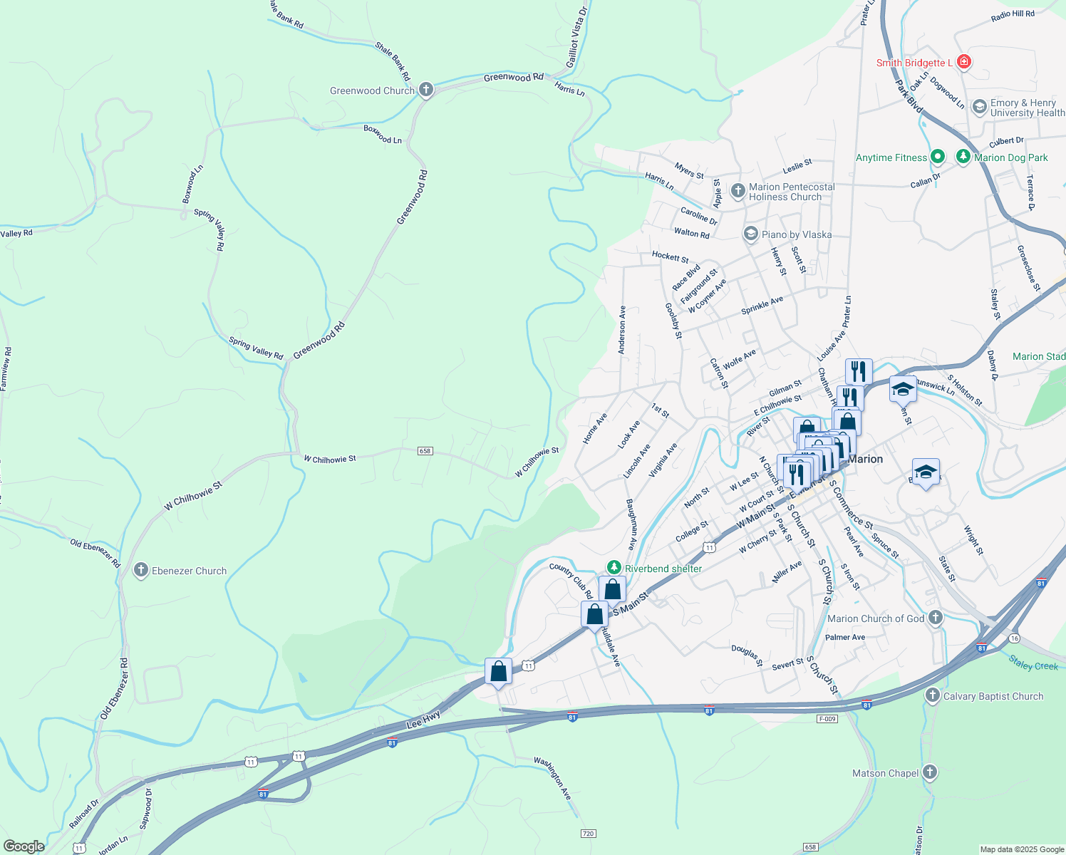 map of restaurants, bars, coffee shops, grocery stores, and more near 156 Rector Road in Marion
