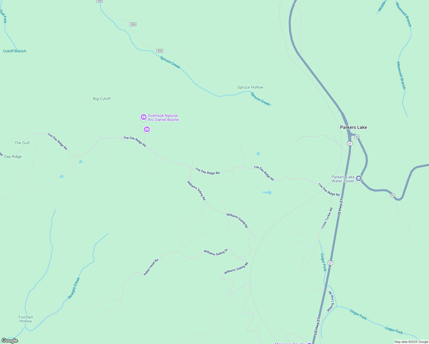 map of restaurants, bars, coffee shops, grocery stores, and more near The Day Ridge Road in Parkers Lake
