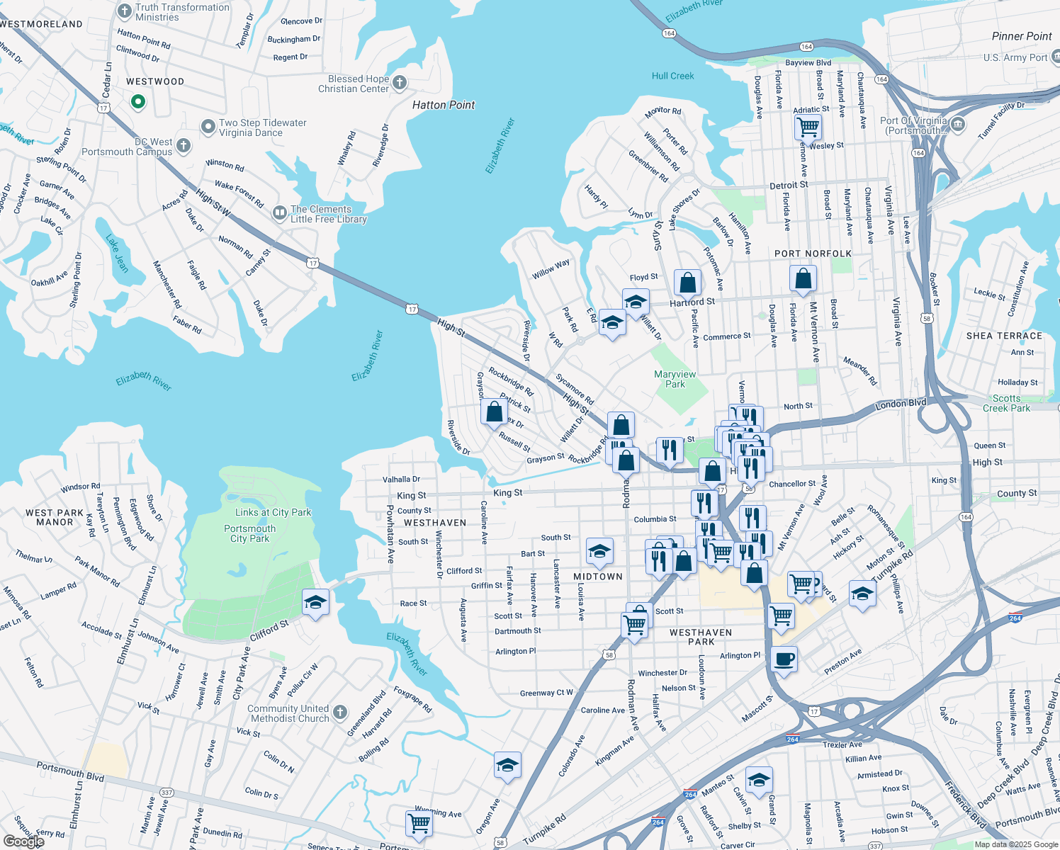 map of restaurants, bars, coffee shops, grocery stores, and more near 406 Sussex Dr in Portsmouth