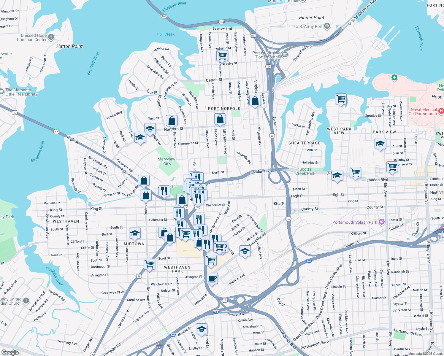 map of restaurants, bars, coffee shops, grocery stores, and more near 2820 London Boulevard in Portsmouth