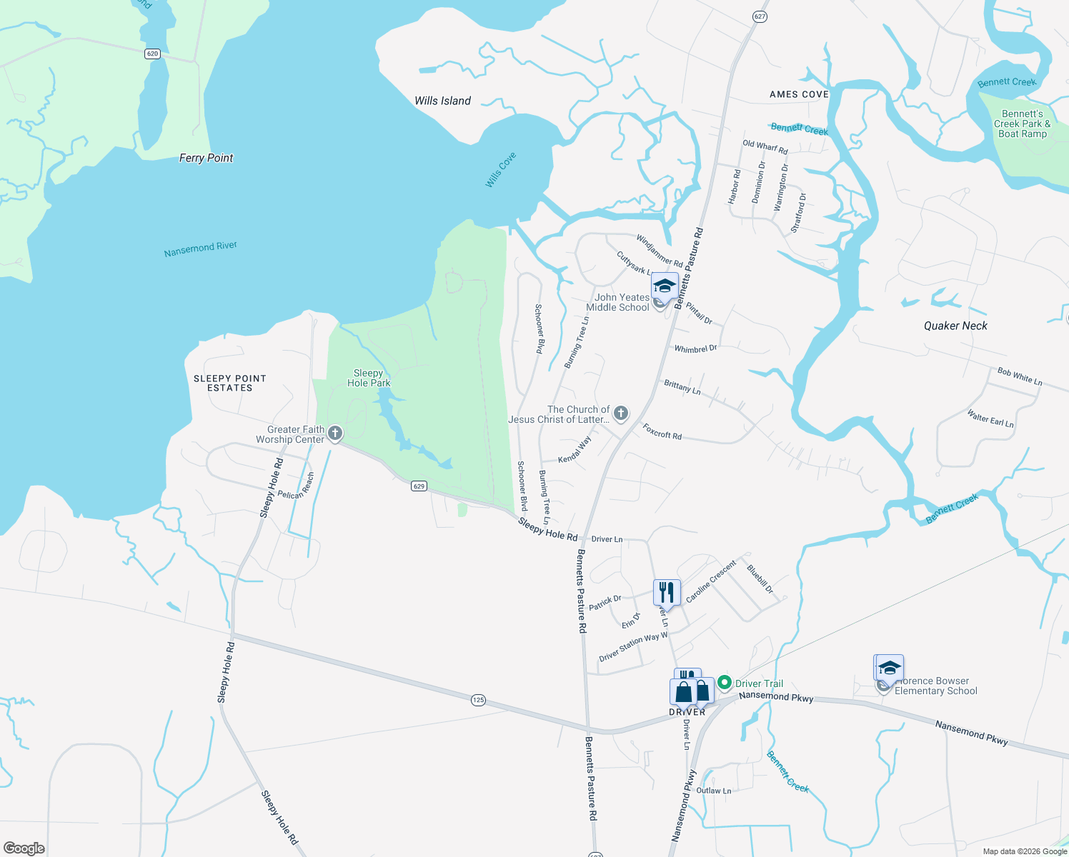 map of restaurants, bars, coffee shops, grocery stores, and more near 2747 Burning Tree Lane in Suffolk