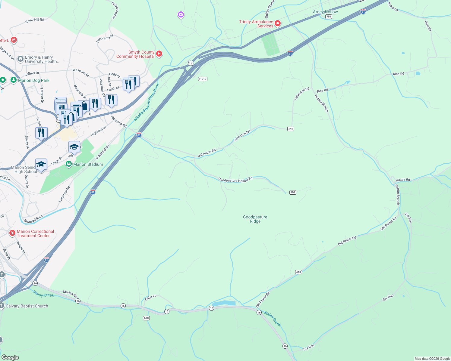 map of restaurants, bars, coffee shops, grocery stores, and more near 242 Goodpasture Hollow Road in Marion