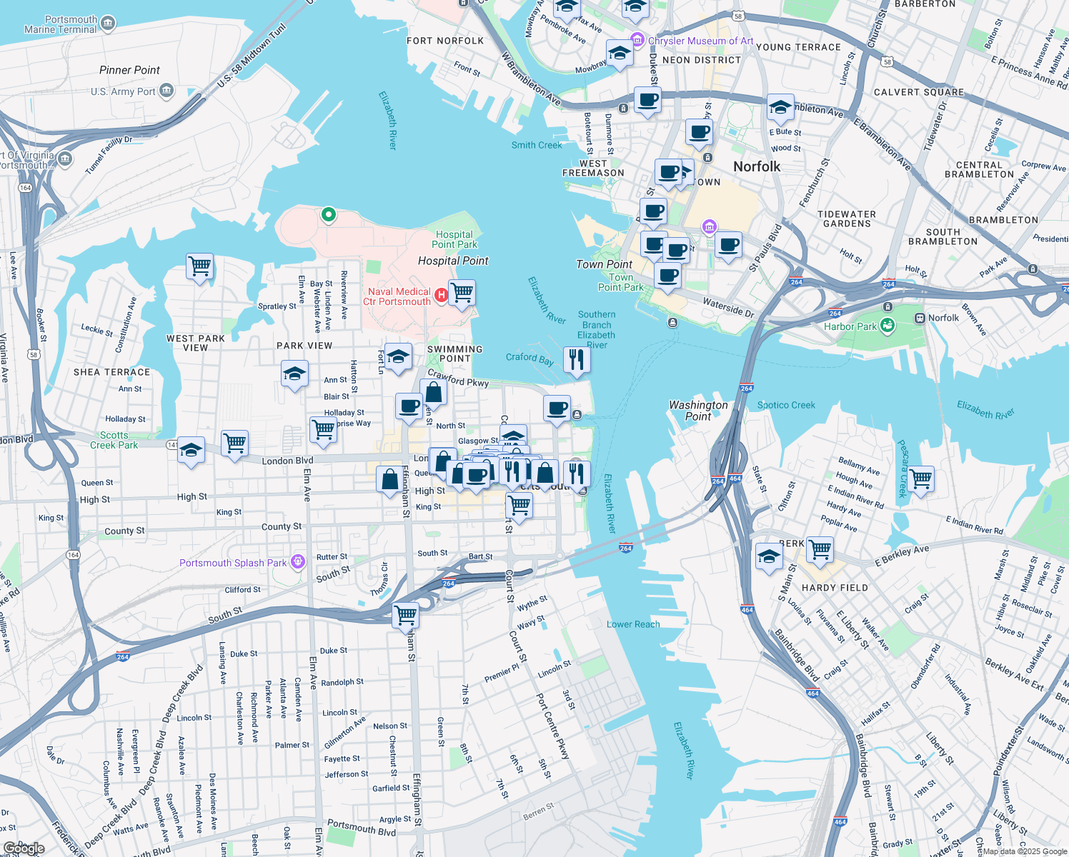 map of restaurants, bars, coffee shops, grocery stores, and more near 355 Middle Street in Portsmouth