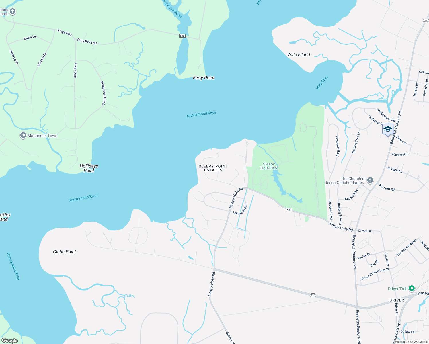 map of restaurants, bars, coffee shops, grocery stores, and more near 104 Pleasant Ridge Court in Suffolk