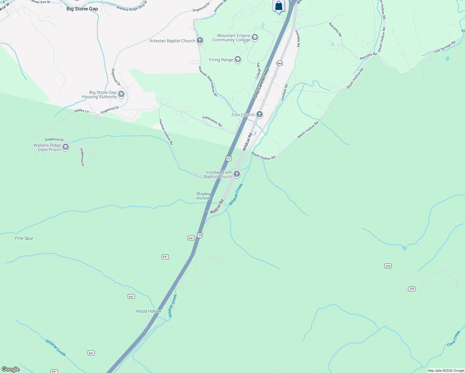 map of restaurants, bars, coffee shops, grocery stores, and more near 1212 Irondale Road in Big Stone Gap