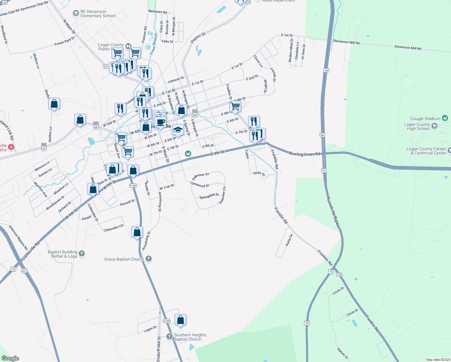 map of restaurants, bars, coffee shops, grocery stores, and more near 142 Daleview in Russellville