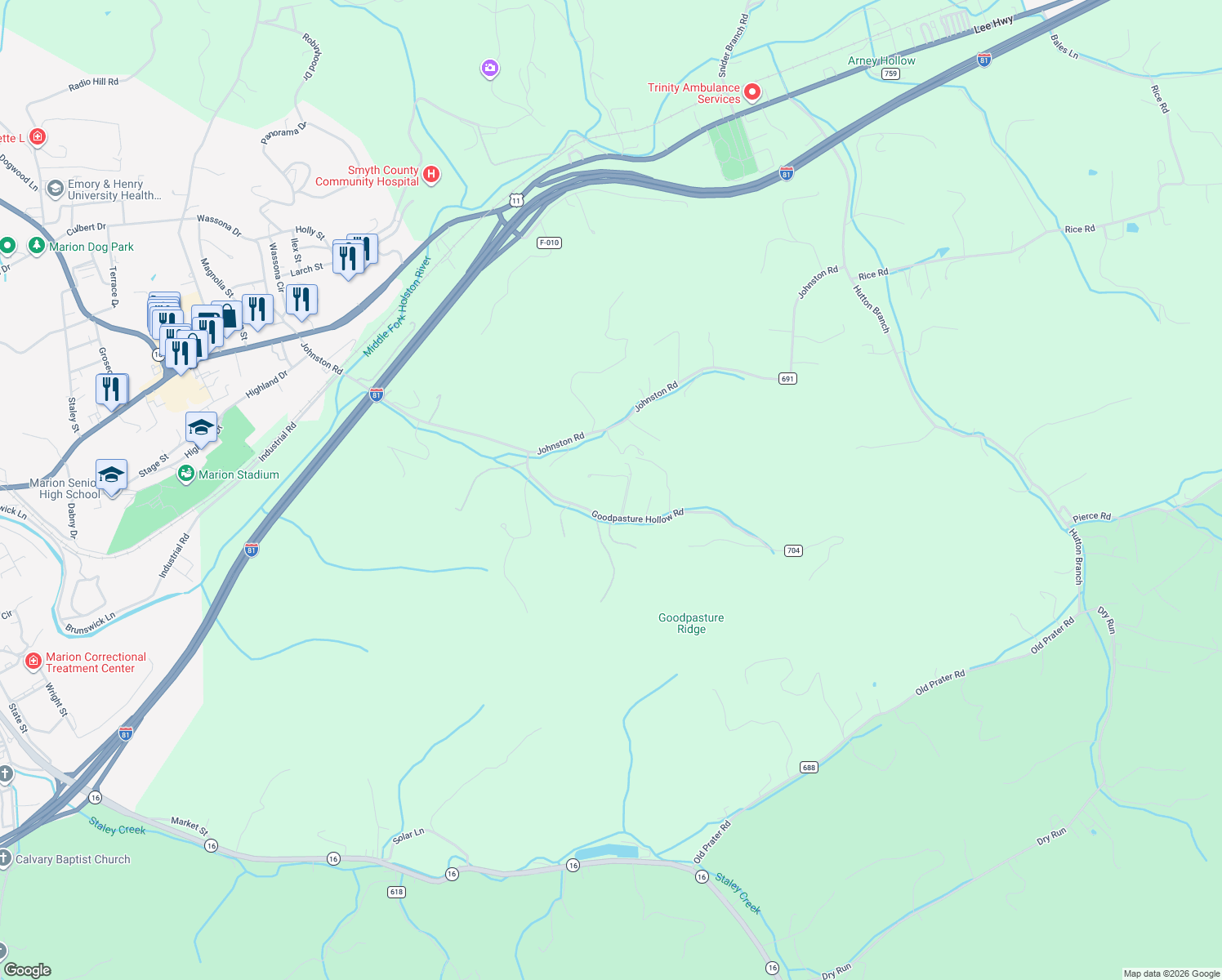 map of restaurants, bars, coffee shops, grocery stores, and more near 242 Goodpasture Hollow Road in Marion