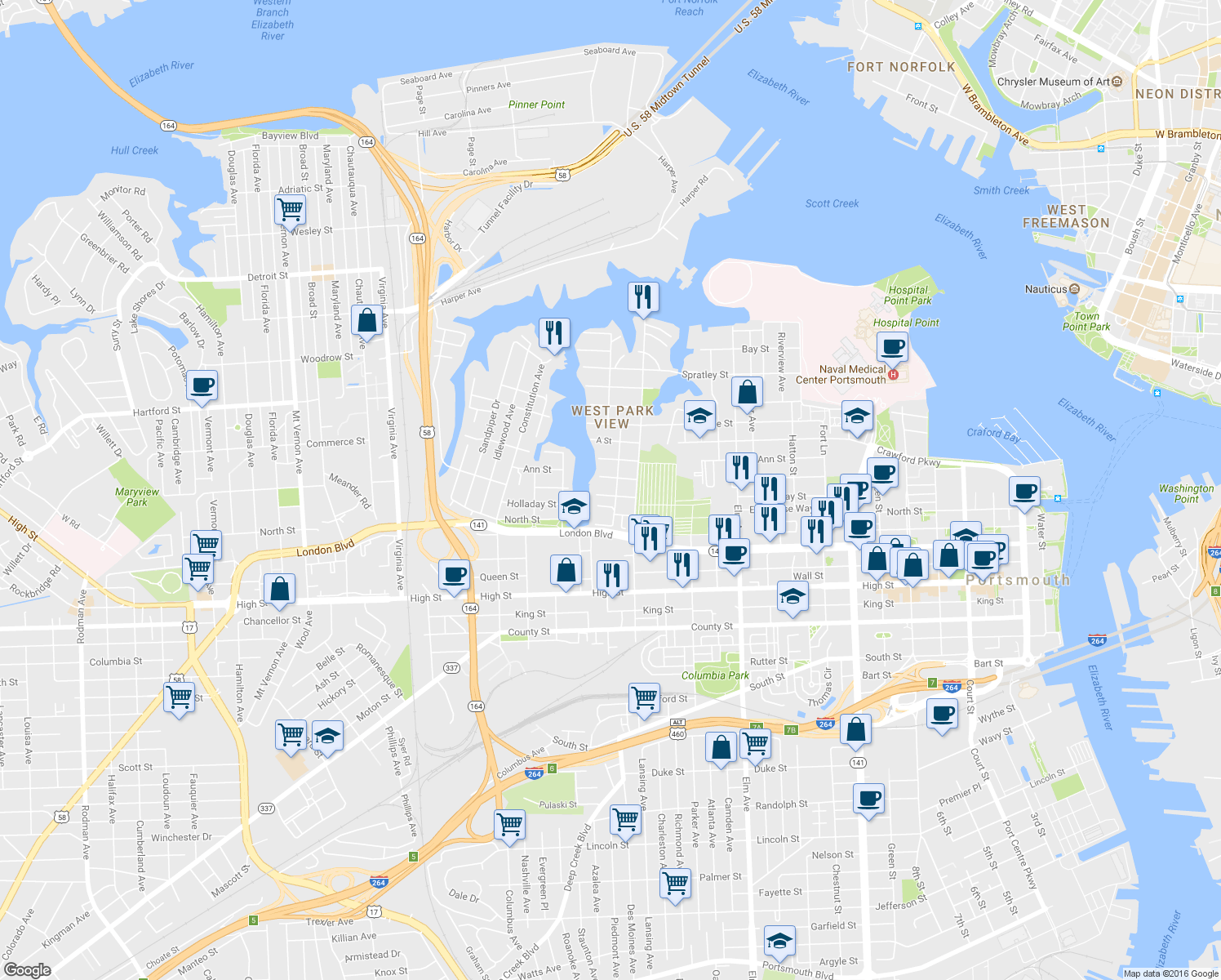 map of restaurants, bars, coffee shops, grocery stores, and more near 1704 Holladay Street in Portsmouth