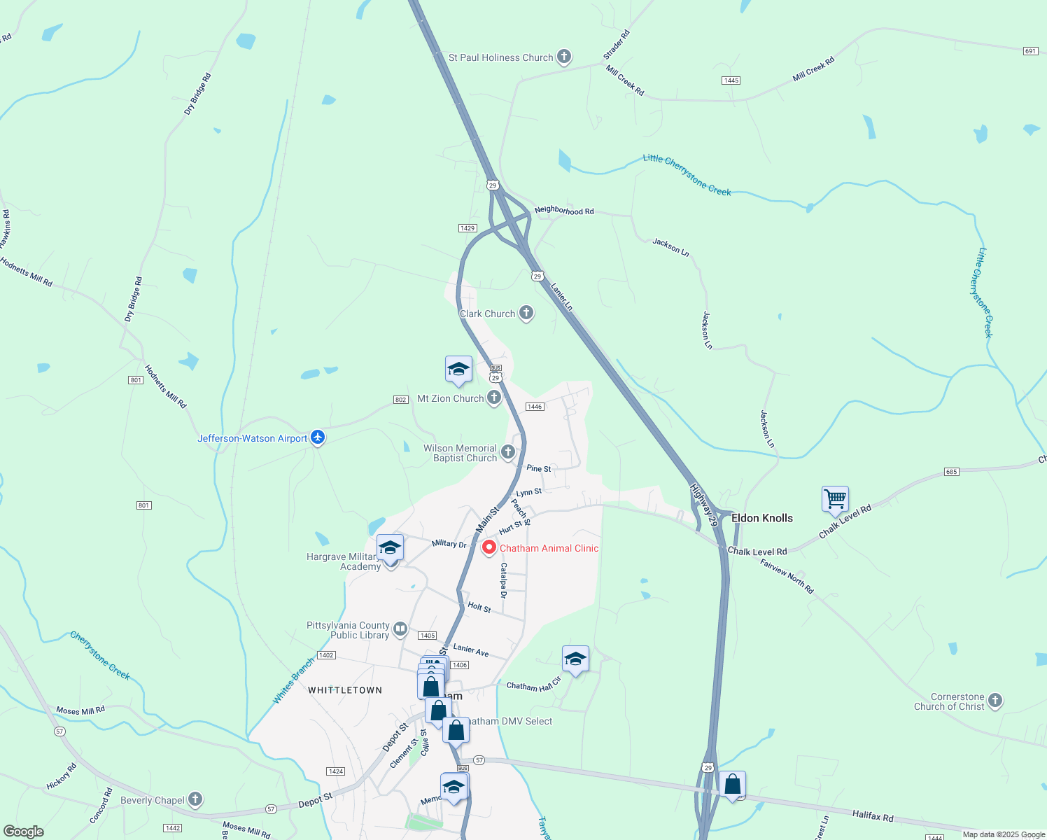 map of restaurants, bars, coffee shops, grocery stores, and more near 557 North Main Street in Chatham