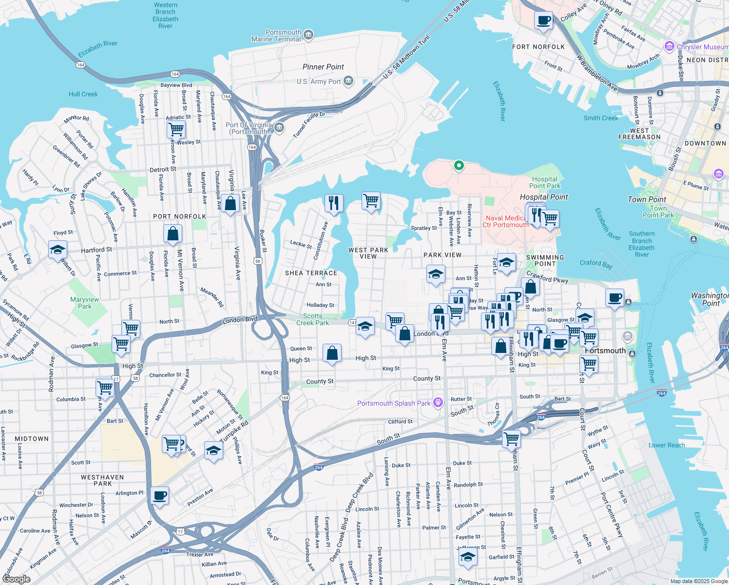 map of restaurants, bars, coffee shops, grocery stores, and more near 1711 Bain Street in Portsmouth