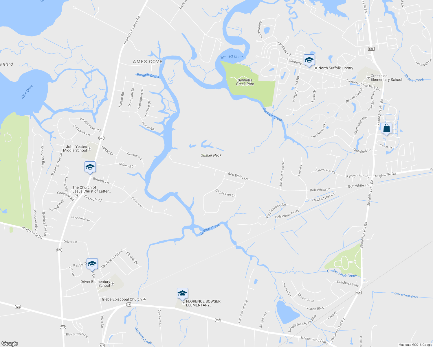 map of restaurants, bars, coffee shops, grocery stores, and more near 3380 Bob White Lane in Suffolk