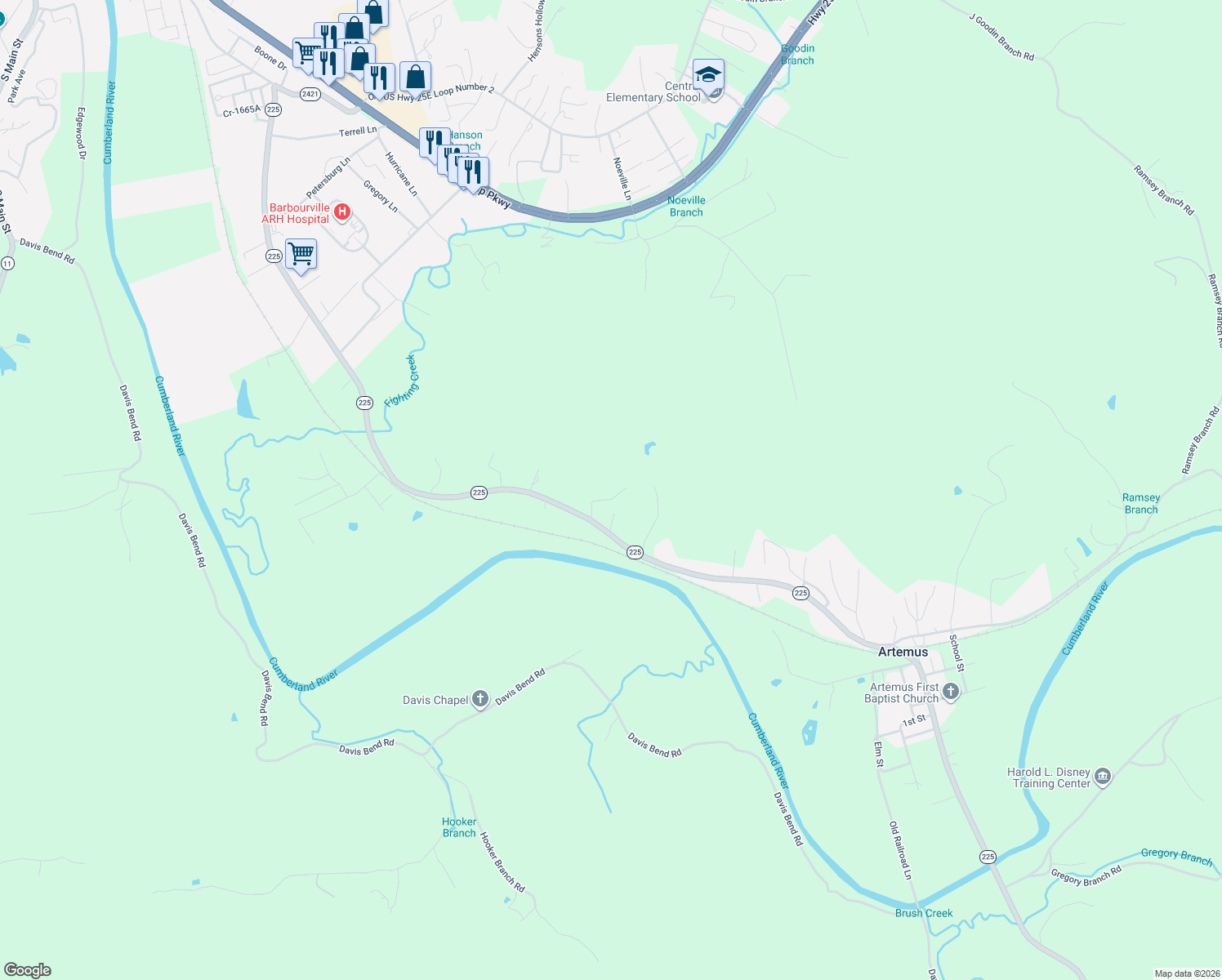 map of restaurants, bars, coffee shops, grocery stores, and more near 150 Ed Harp Lane in Barbourville