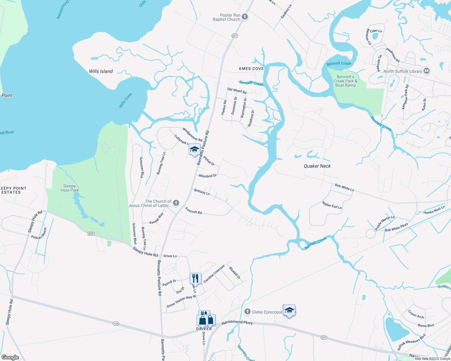 map of restaurants, bars, coffee shops, grocery stores, and more near 124 Whimbrel Drive in Suffolk