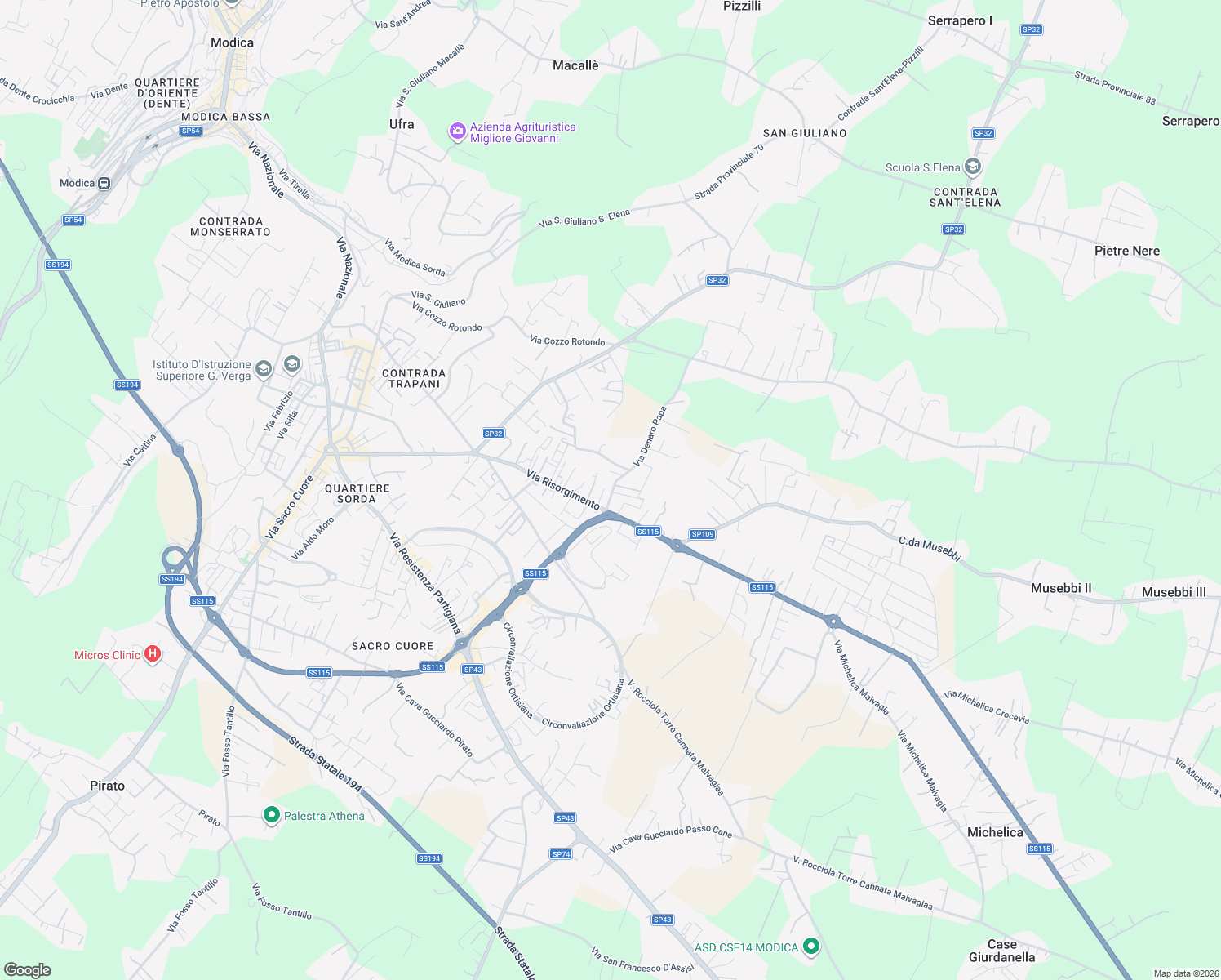 map of restaurants, bars, coffee shops, grocery stores, and more near 17 Vanella Papa in Modica