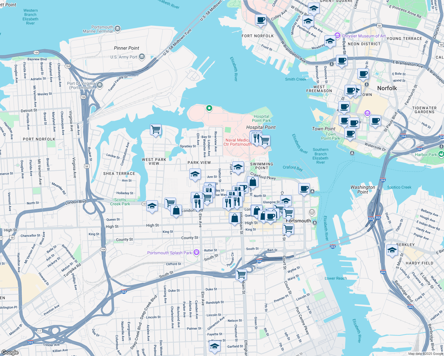 map of restaurants, bars, coffee shops, grocery stores, and more near 261 Hatton Street in Portsmouth