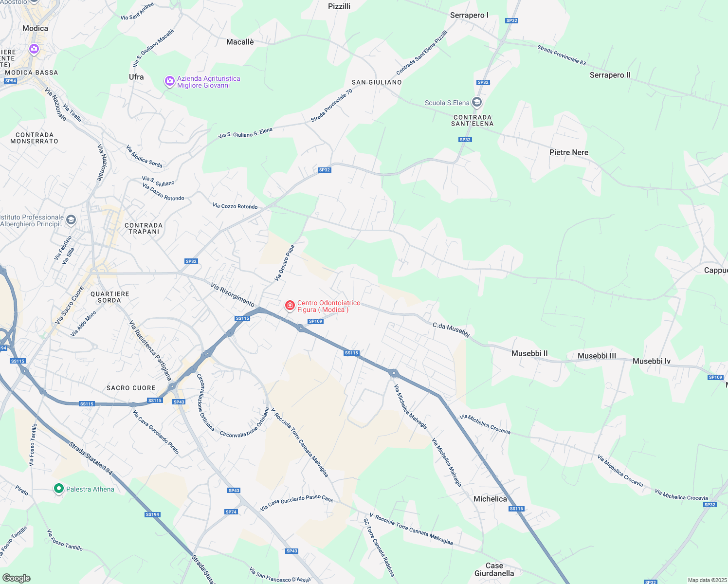 map of restaurants, bars, coffee shops, grocery stores, and more near Strada Provinciale 109 in Modica